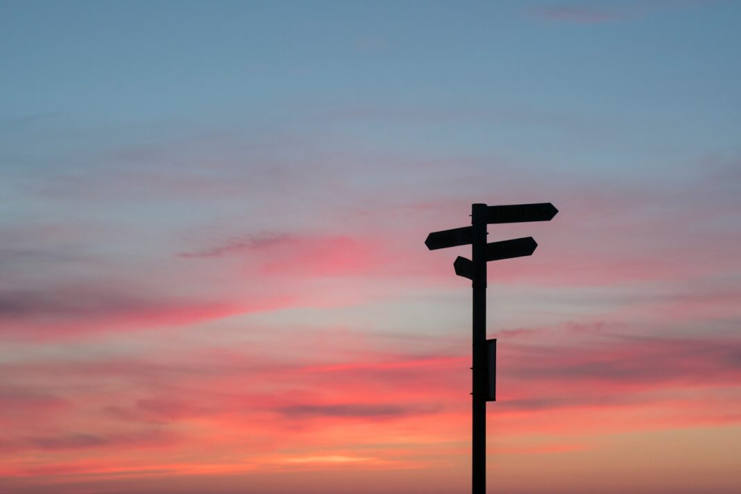 silhouette of signpost at sunset